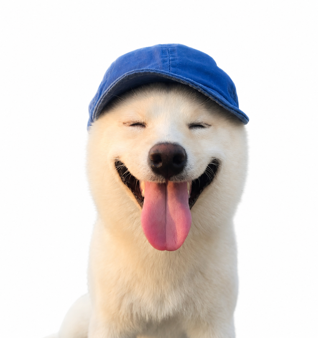 Smiling white shiba inu wearing a blue cap